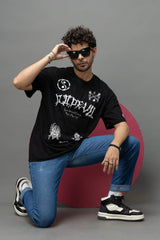 Go Devil Black Graphic Printed Oversized T-Shirt for Men
