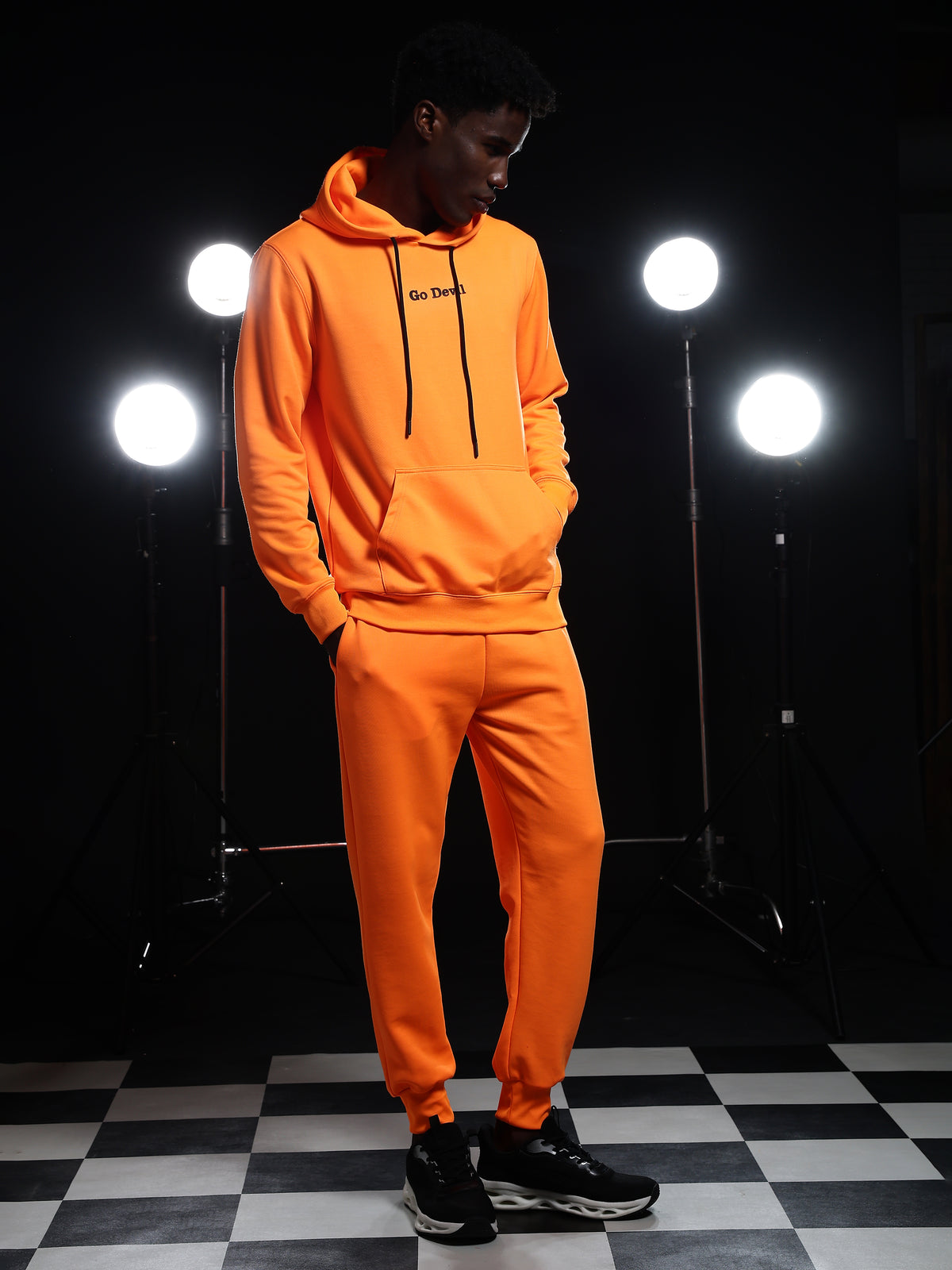 Go Devil Mens Solid Orange Hooded Co-Ord Set