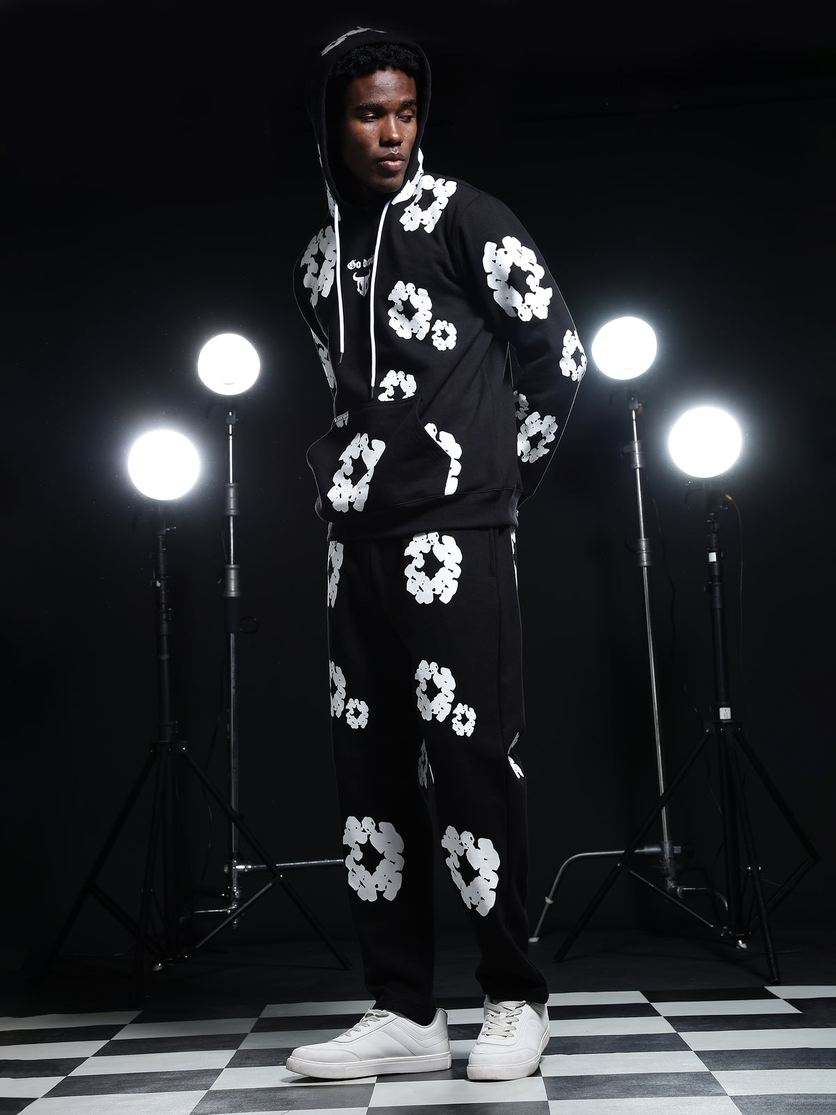 Go Devil Black Mens White Floral Camo Hooded Co-ord Set