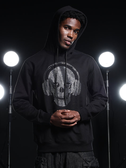 Go Devil Mens Black Rhine Stone Skull Headphone Graphic Hoodie