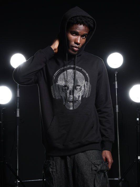 Go Devil Mens Black Rhine Stone Skull Headphone Graphic Hoodie