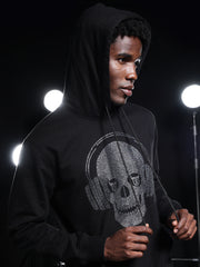 Go Devil Mens Black Rhine Stone Skull Headphone Graphic Hoodie