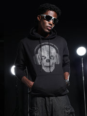 Go Devil Mens Black Rhine Stone Skull Headphone Graphic Hoodie