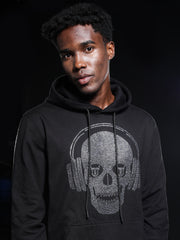 Go Devil Mens Black Rhine Stone Skull Headphone Graphic Hoodie