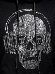 Go Devil Mens Black Rhine Stone Skull Headphone Graphic Hoodie