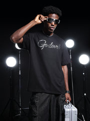 Go Devil Rhine Stone Printed Mens Black Oversized T-Shirt