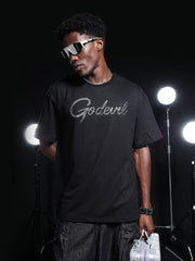 Go Devil Rhine Stone Printed Mens Black Oversized T-Shirt