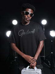 Go Devil Rhine Stone Printed Mens Black Oversized T-Shirt