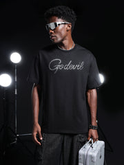 Go Devil Rhine Stone Printed Mens Black Oversized T-Shirt