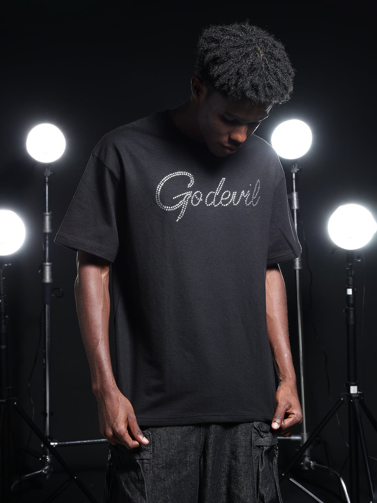 Go Devil Rhine Stone Printed Mens Black Oversized T-Shirt