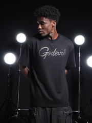 Go Devil Rhine Stone Printed Mens Black Oversized T-Shirt
