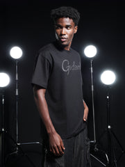 Go Devil Rhine Stone Printed Mens Black Oversized T-Shirt