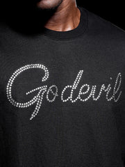 Go Devil Rhine Stone Printed Mens Black Oversized T-Shirt
