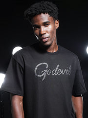 Go Devil Rhine Stone Printed Mens Black Oversized T-Shirt