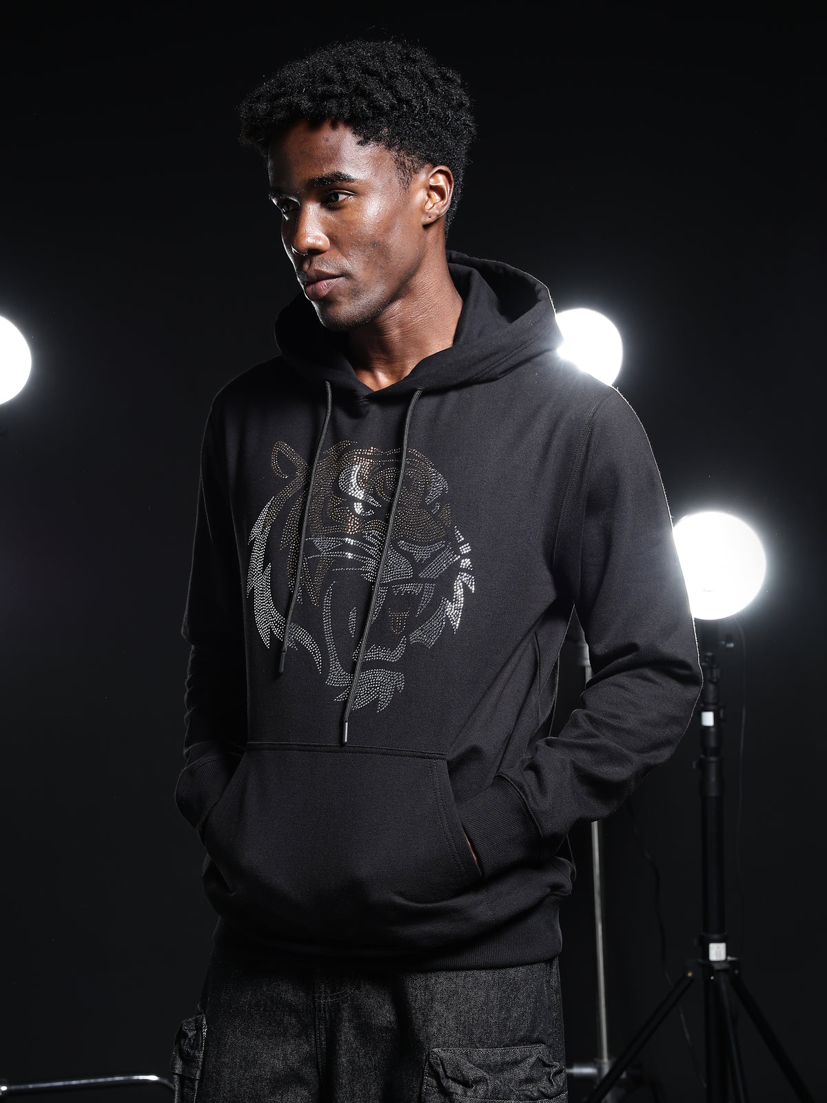 Go Devil Mens Black Rhine Stone Lion Graphic Hoodie