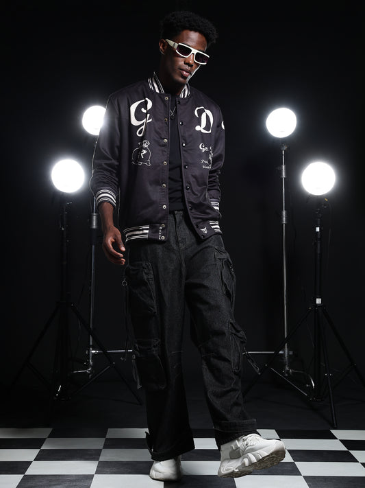 Go Devil Printed Black Varsity Jacket For Mens