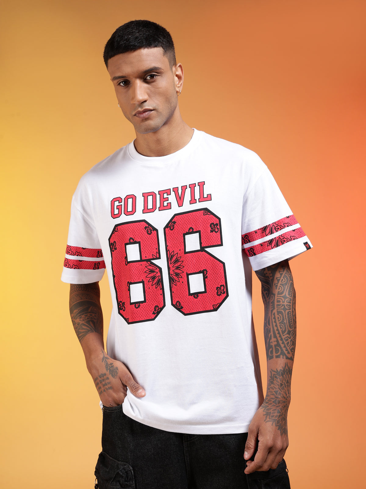 Go Devil 66 (In Red) Printed White Oversized T-Shirt for Men