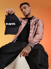 Go Devil Men’s Premium Pink Varsity Bomber Jacket with Graphic Print