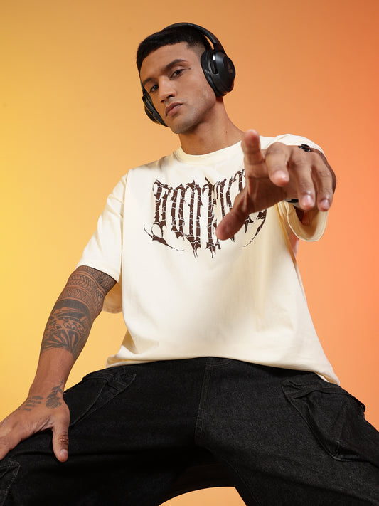 Go Devil Printed Cream Oversized T-Shirt For Men