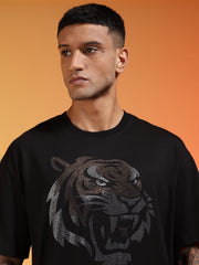 Go Devil Rhine Stone Premium Oversized Black Bold Tiger Printed T-Shirt For Men