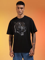Go Devil Rhine Stone Premium Oversized Black Bold Tiger Printed T-Shirt For Men