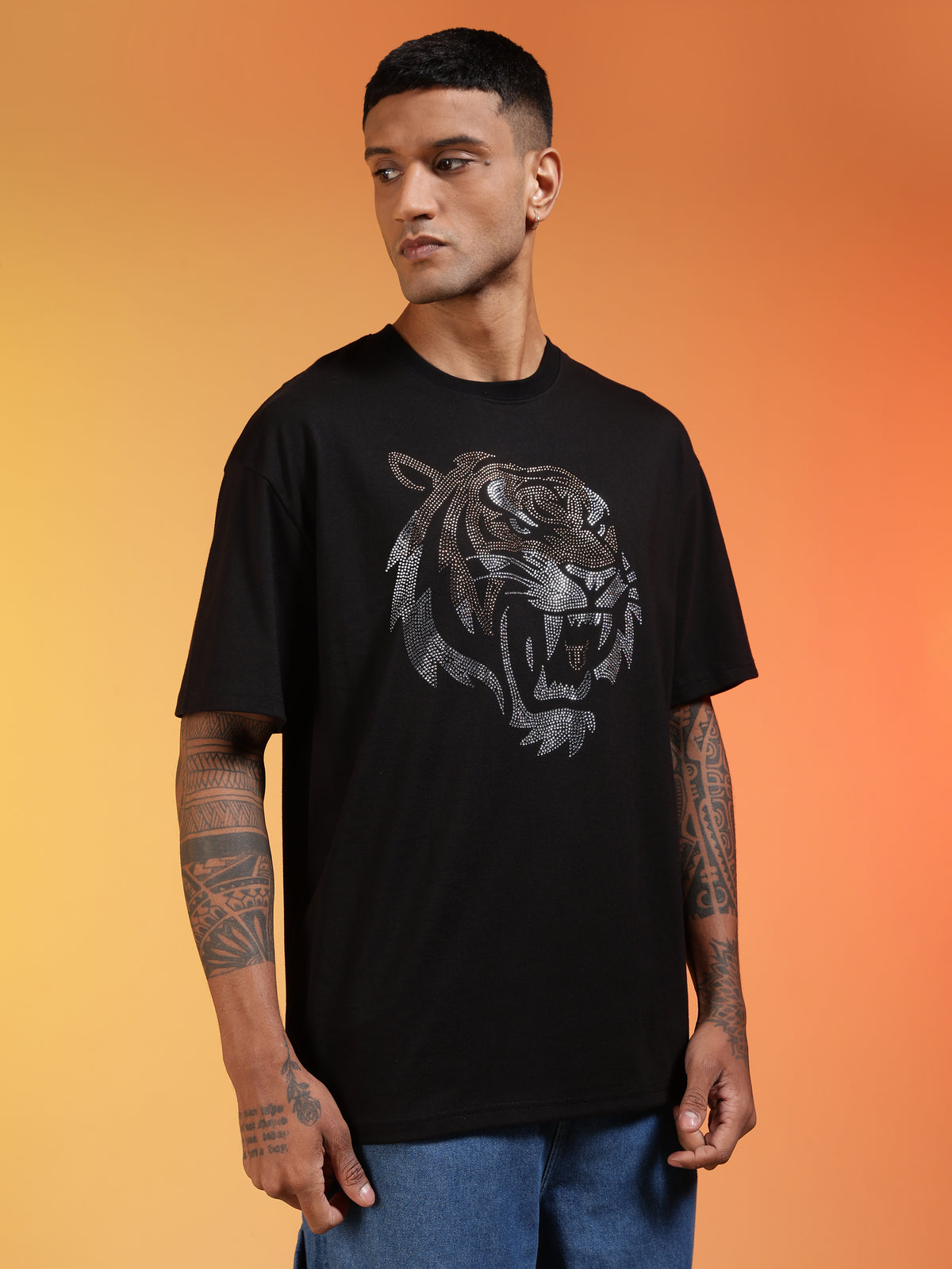 Go Devil Rhine Stone Premium Oversized Black Bold Tiger Printed T-Shirt For Men