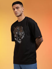 Go Devil Rhine Stone Premium Oversized Black Bold Tiger Printed T-Shirt For Men