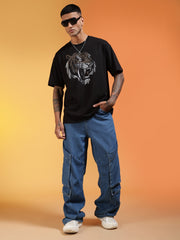Go Devil Rhine Stone Premium Oversized Black Bold Tiger Printed T-Shirt For Men