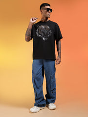 Go Devil Rhine Stone Premium Oversized Black Bold Tiger Printed T-Shirt For Men