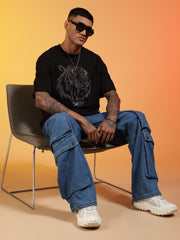 Go Devil Rhine Stone Premium Oversized Black Bold Tiger Printed T-Shirt For Men