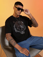Go Devil Rhine Stone Premium Oversized Black Bold Tiger Printed T-Shirt For Men