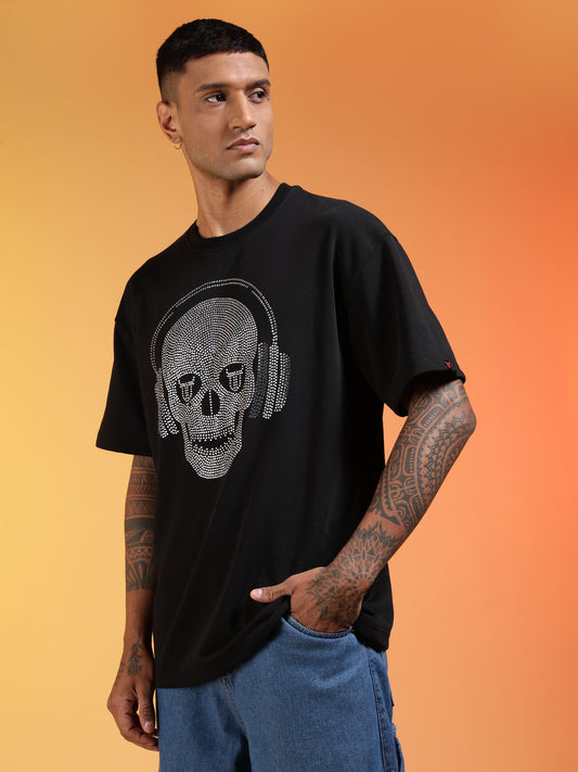Go Devil Men’s Black Oversized Rhine Stone Skull Headphone Graphic T-Shirt