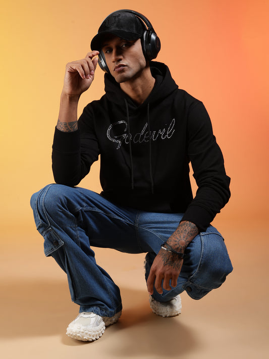 Go Devil Black Rhinestone Logo Pullover Hoodie For Men's