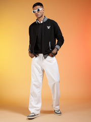 Go Devil Logo Printed Solid Black Bomber Jacket For Men