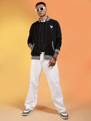 Go Devil Logo Printed Solid Black Bomber Jacket For Men