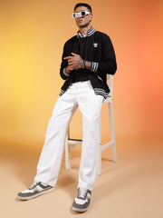 Go Devil Logo Printed Solid Black Bomber Jacket For Men