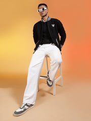 Go Devil Logo Printed Solid Black Bomber Jacket For Men