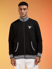 Go Devil Logo Printed Solid Black Bomber Jacket For Men