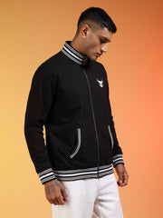 Go Devil Logo Printed Solid Black Bomber Jacket For Men