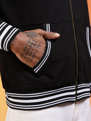 Go Devil Logo Printed Solid Black Bomber Jacket For Men