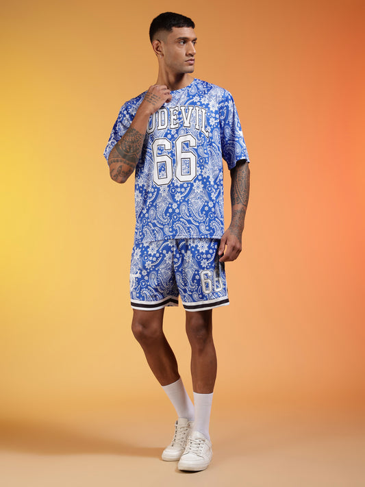 Go Devil 66 Printed Paisley White & Blue Co-ord Set for Men