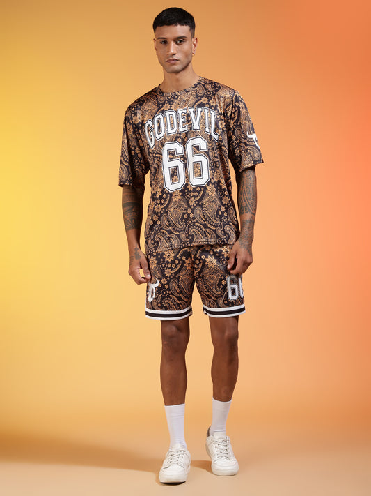 Go Devil 66 Printed Paisley Black & Brown Co-ord Set for Men