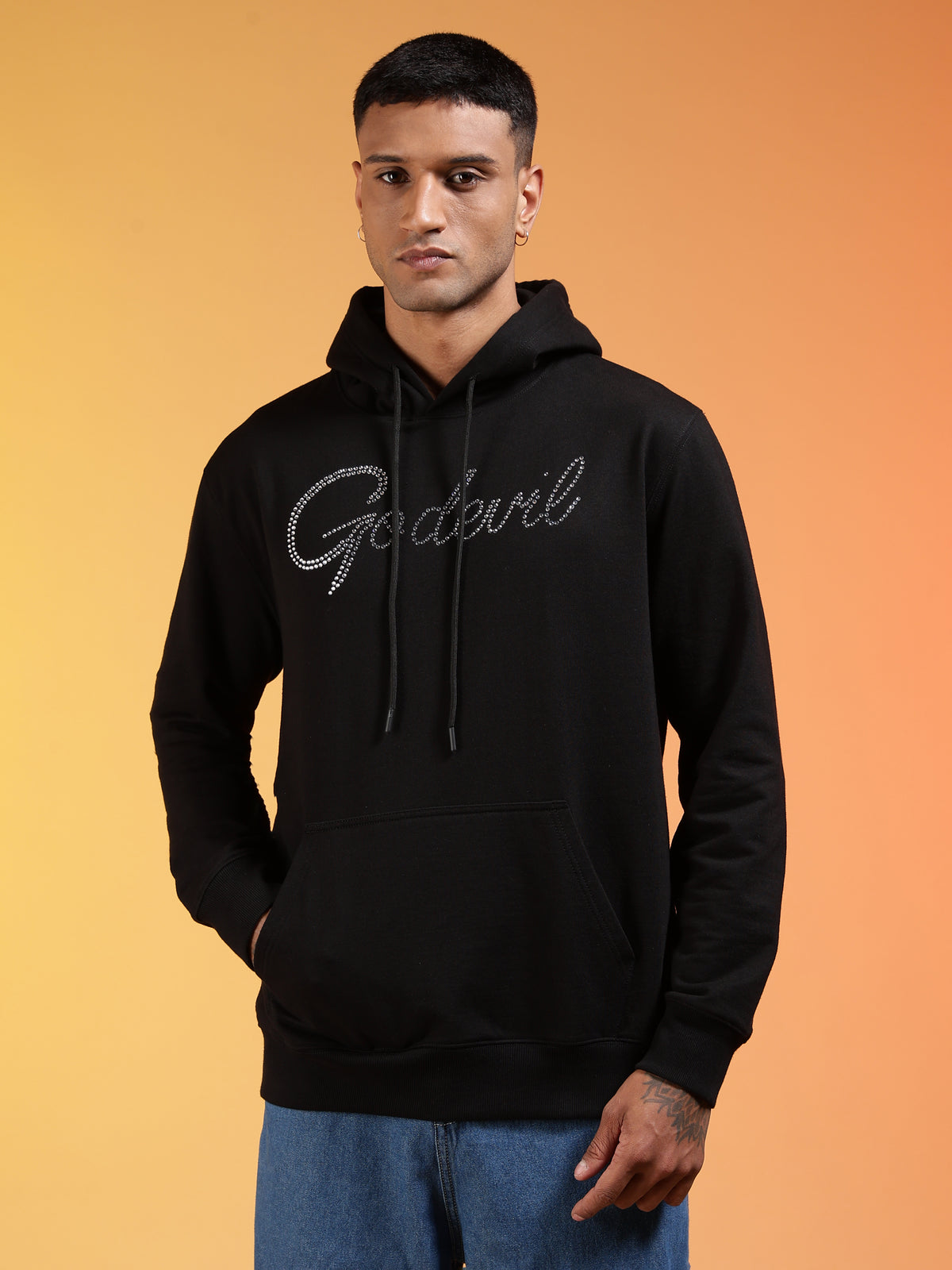Go Devil Black Rhinestone Logo Pullover Hoodie For Men's