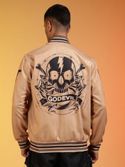 Go Devil Men’s Premium Beige Varsity Bomber Jacket with Graphic Print