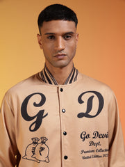 Go Devil Men’s Premium Beige Varsity Bomber Jacket with Graphic Print