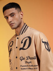 Go Devil Men’s Premium Beige Varsity Bomber Jacket with Graphic Print