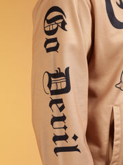 Go Devil Men’s Premium Beige Varsity Bomber Jacket with Graphic Print