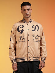 Go Devil Men’s Premium Beige Varsity Bomber Jacket with Graphic Print