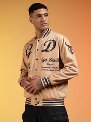 Go Devil Men’s Premium Beige Varsity Bomber Jacket with Graphic Print