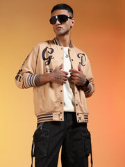Go Devil Men’s Premium Beige Varsity Bomber Jacket with Graphic Print